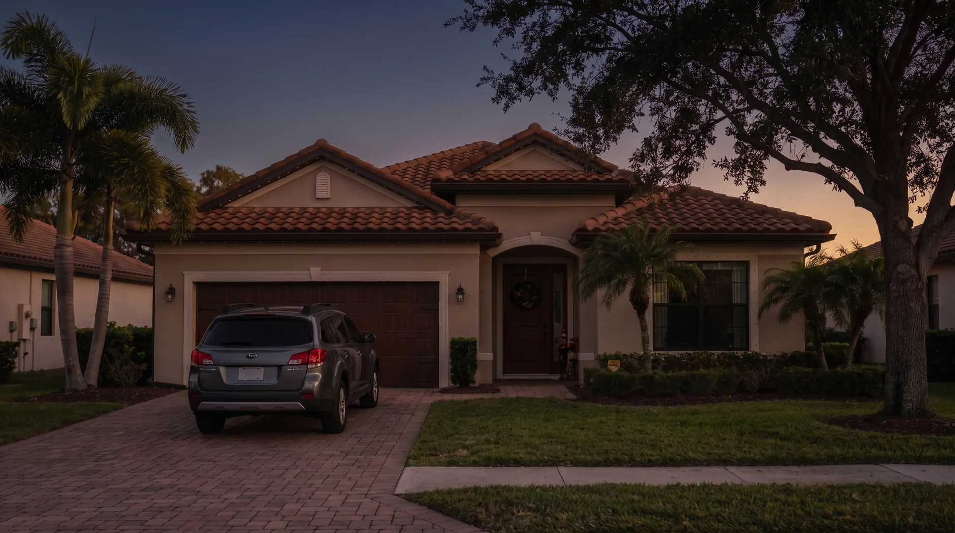 The same home at 7 PM, dark