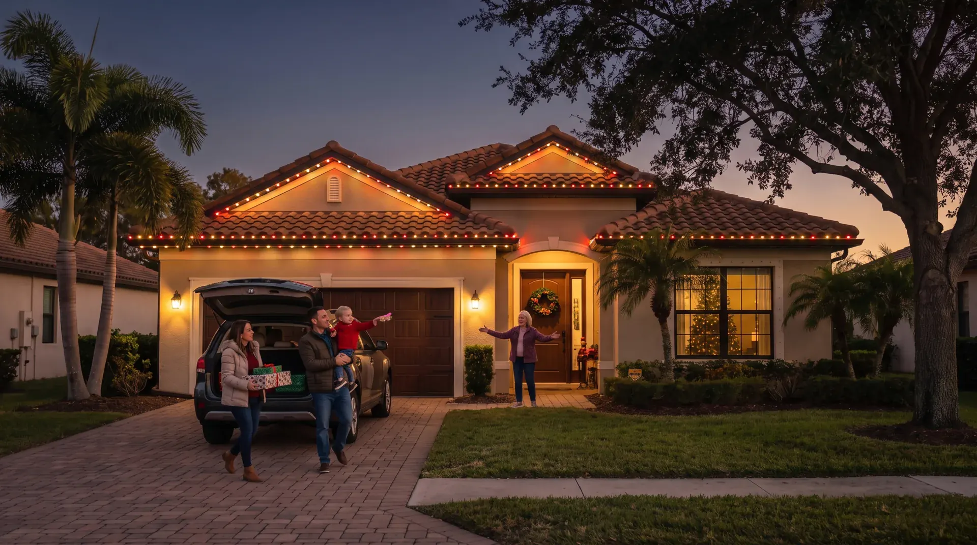 Family arriving at a home with red and white roofline lighting in December