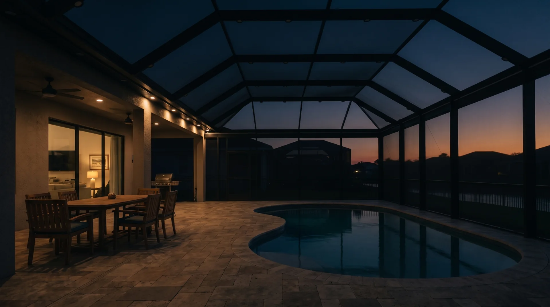 The same lanai at 7 PM with no lighting
