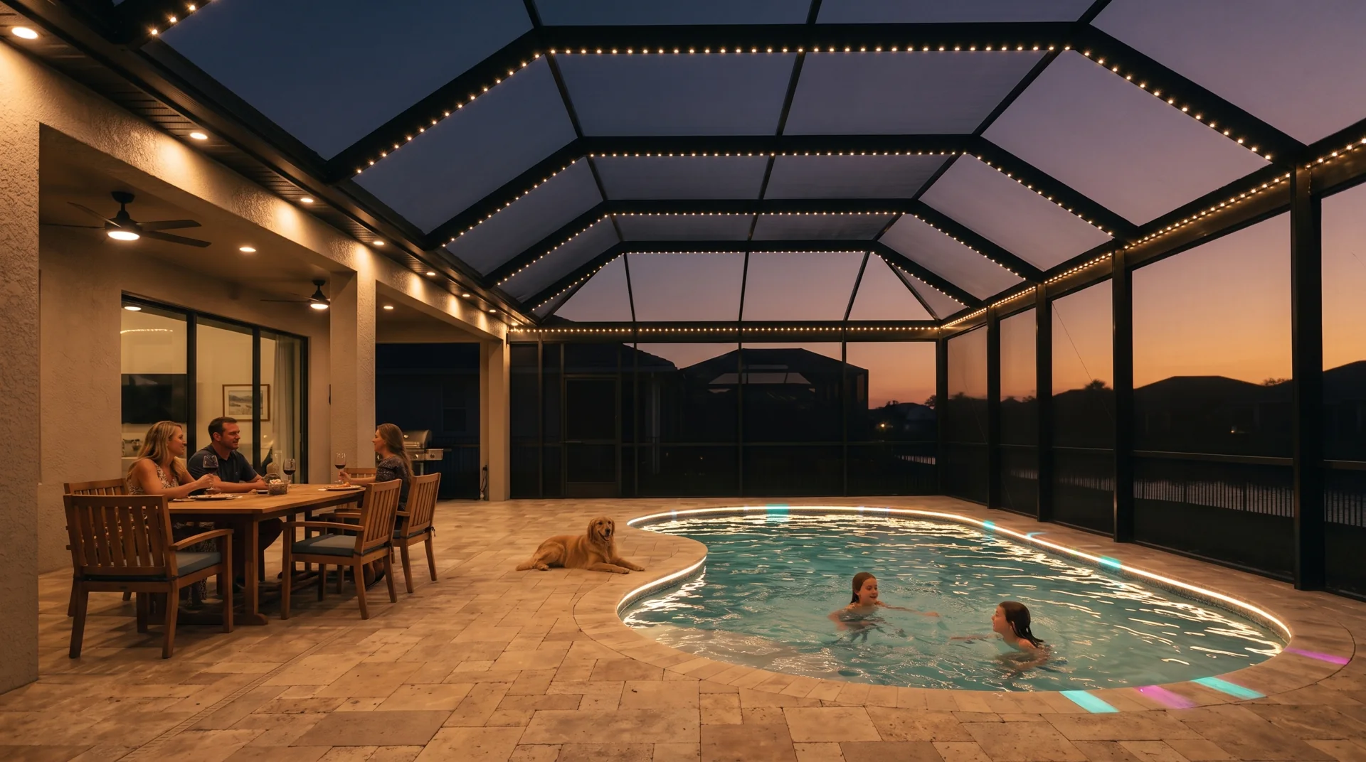 A family on the lanai after dark, the pool cage lit in warm white