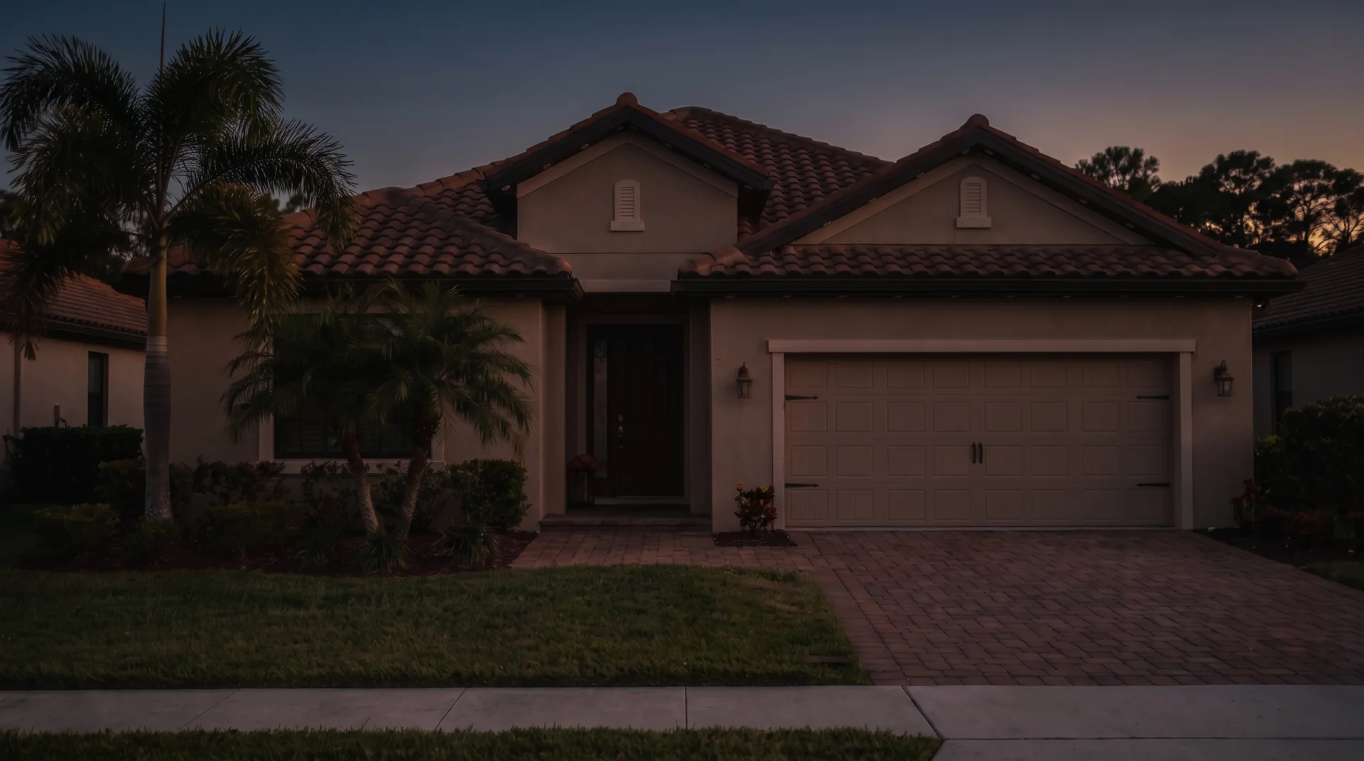 The same home at 7 PM, dark