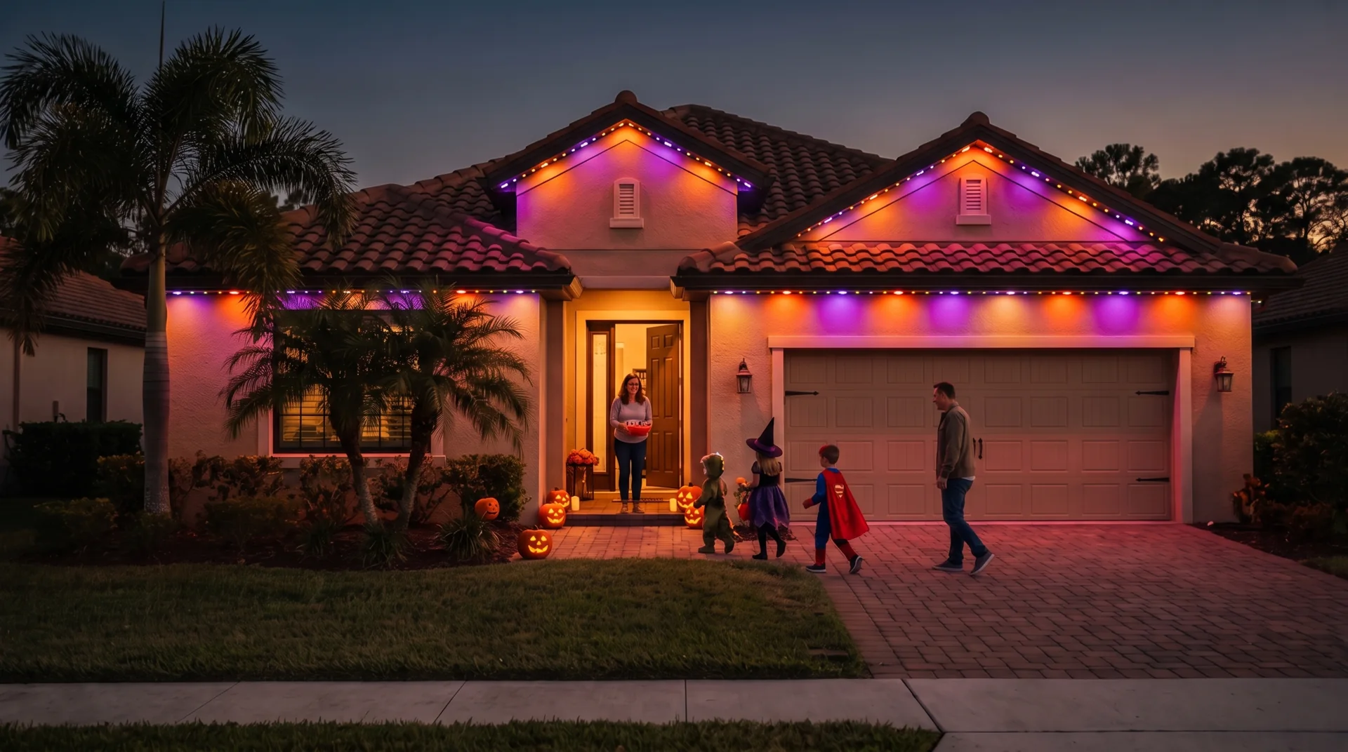 Trick-or-treaters at a home with orange and purple roofline lighting