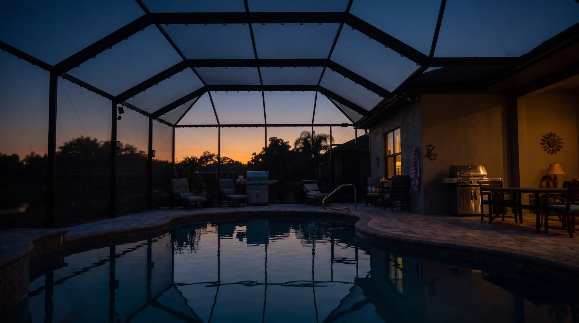 The same pool cage at 7 PM, dark