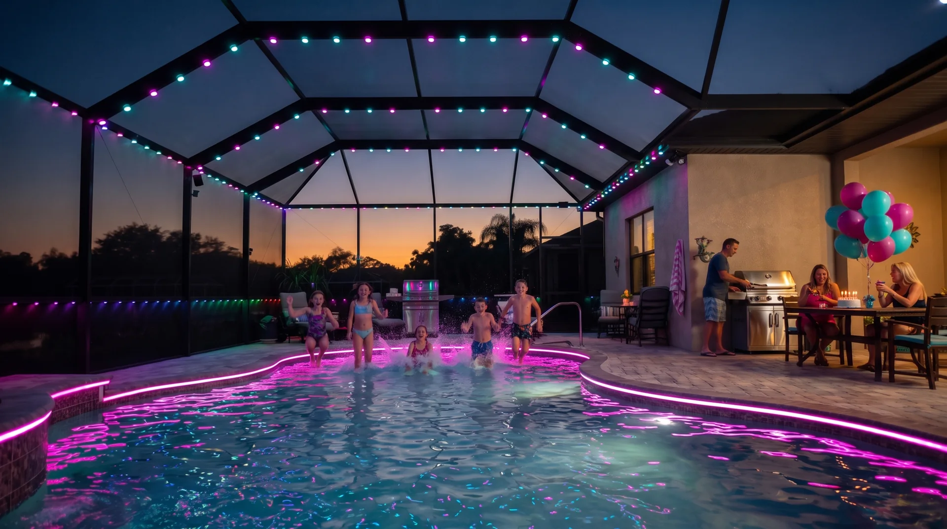 A birthday pool party under magenta and teal cage lighting