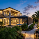 Horizontal 16:9 featured blog header image for an article titled "Built for the Coast: Why Quality LED Lighting Survives the Florida Salt Air". Modern, professional, editorial photography style. No text overlays. Clean composition suitable for a home services blog header.