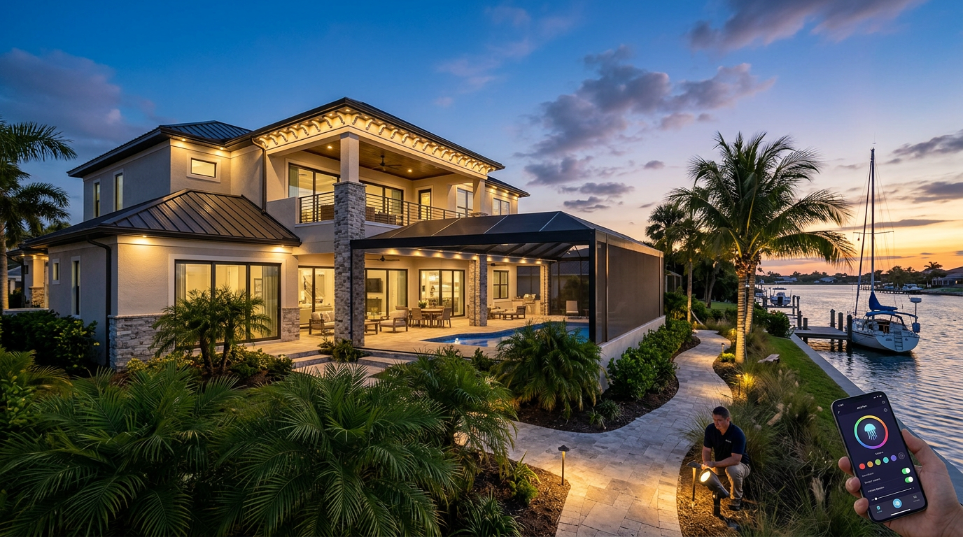 Horizontal 16:9 featured blog header image for an article titled "Built for the Coast: Why Quality LED Lighting Survives the Florida Salt Air". Modern, professional, editorial photography style. No text overlays. Clean composition suitable for a home services blog header.