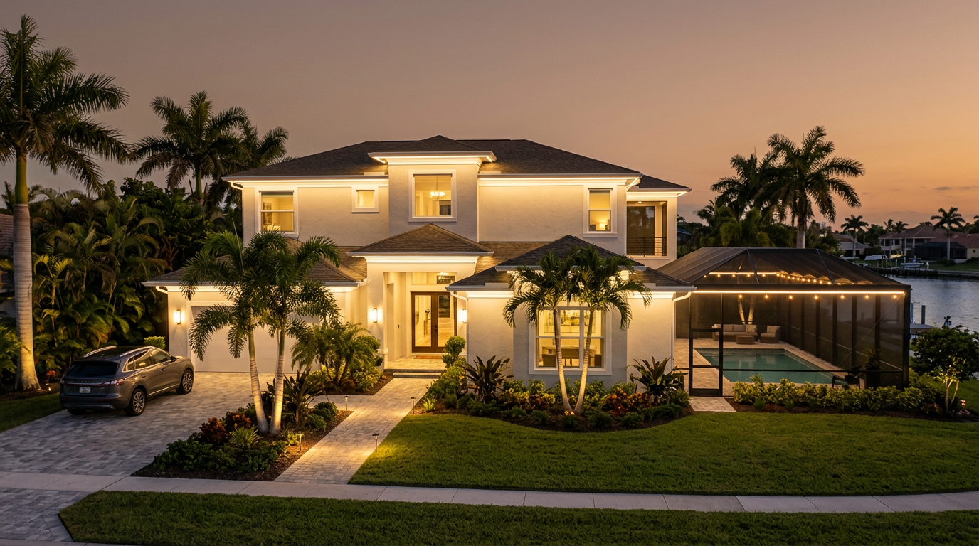 Horizontal 16:9 featured blog header image for an article titled "Smart Security: Using Permanent Exterior LEDs to Protect Your SWFL Home". Modern, professional, editorial photography style. No text overlays. Clean composition suitable for a home services blog header.