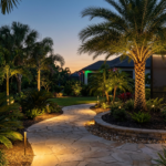 Horizontal 16:9 featured blog header image for an article titled "7 Pro Tips for Integrated Landscape Lighting in Sarasota Gardens". Modern, professional, editorial photography style. No text overlays. Clean composition suitable for a home services blog header.