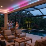 Colorful LED lights illuminate a modern lanai at twilight.